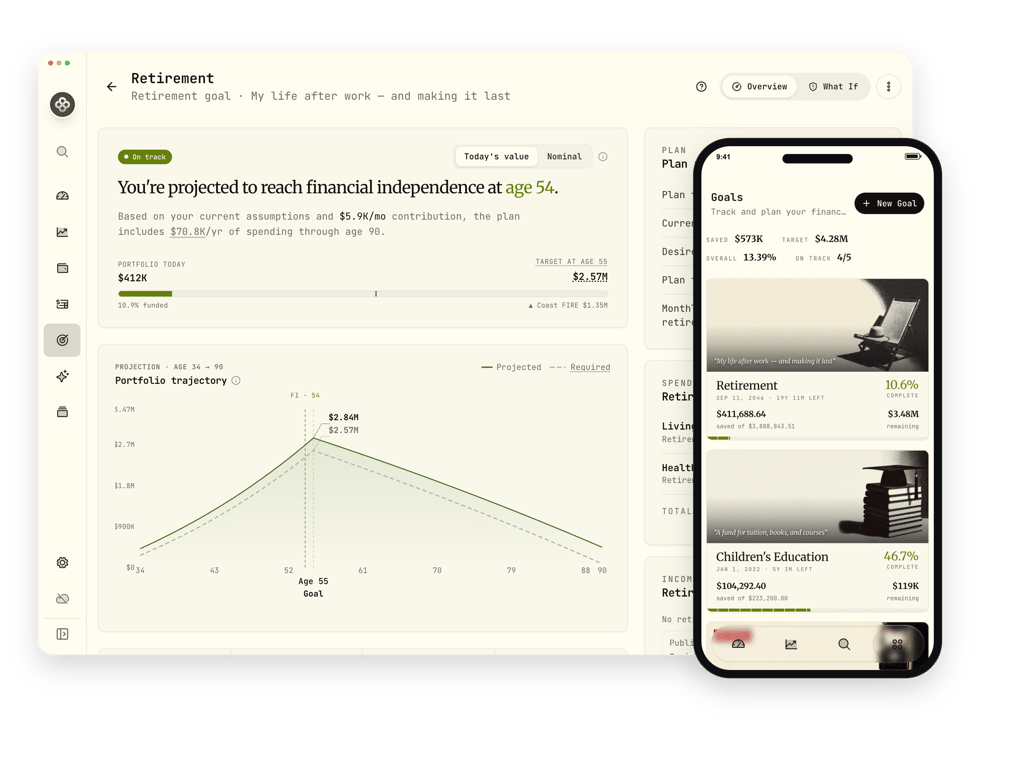 Wealthfolio planning dashboard showing a retirement plan with a portfolio trajectory projection, alongside the goals list on mobile.