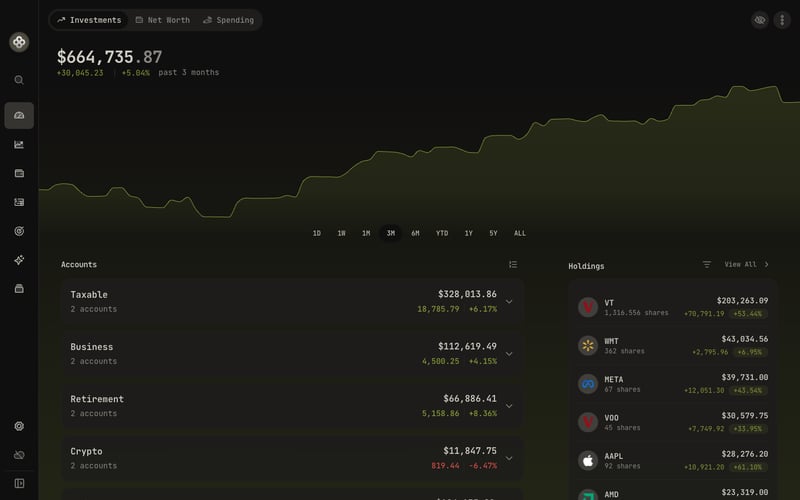 The Investments dashboard: total value, accounts, and top holdings