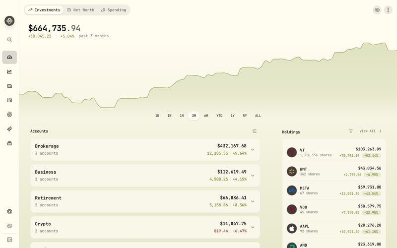 The Investments dashboard: total value, accounts, and top holdings